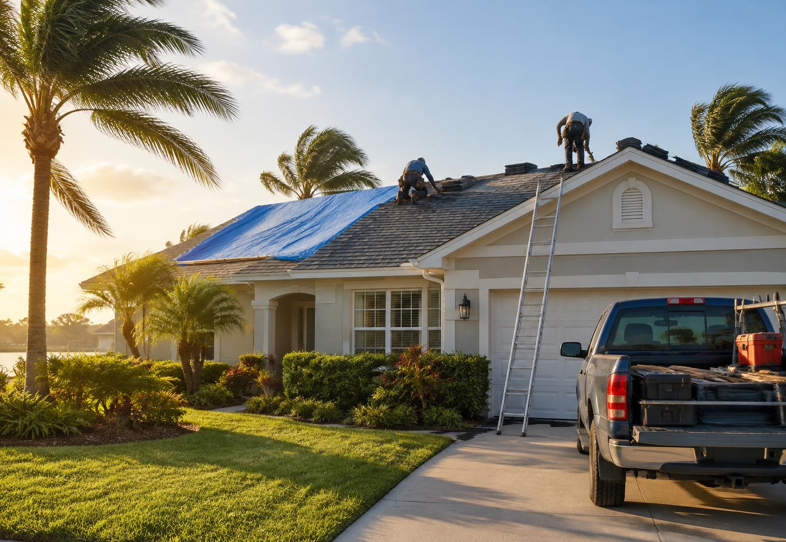 Workers repairing a Florida home's roof in the morning sun after a hurricane